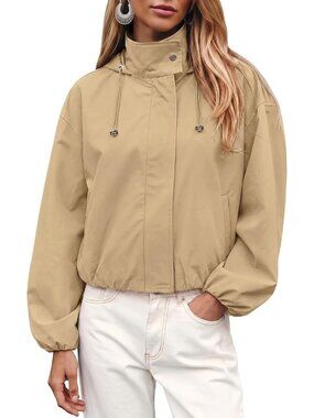Women Beige Polyester Stand Collar Hooded Long Sleeve Elastic Cuff Bomber Jacket